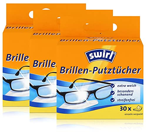 Swirl Brillen-Putztücher 30 einzeln verpackte Tücher in Spenderbox - Anti-Beschlag-Effekt - Extra weich und schonend - Fettlösend - Streifenfrei (3er Pack)