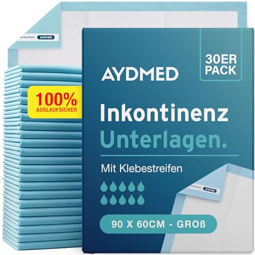 30 x AYDMED Inkontinenz-Unterlagen 90 x 60cm | Mit Klebestreifen | Extra große, Einweg-Unterlagen bei Inkontinenz | Maximale Saugfähigkeit | Für Erwachsene, Kinder und Babys | 1.200ml Fassungsvermögen