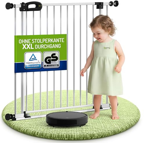 Bomi Treppenschutzgitter Merle Flatstep, Breite 63-71 cm | Türschutzgitter ohne Bohren, stabile Kindersicherung für Kind & Hund, TÜV geprüftes Hundegitter, Türgitter, Treppengitter, Metall Weiß
