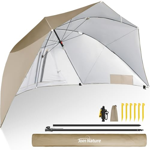 Join Nature Strandmuschel 2 in 1 Strandschirm Umschaltbar Ø 270cm Sonnenschirm Strand Groß mit Fenster - Windschutz Strand, Regendicht, UV50+ Sonnenschutz für 2-3 Personen (Khaki)
