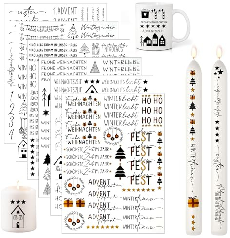 6 PCS Kerzentattoos Weihnachten, Wasserschiebefolie Kerzen Aufkleber Weihnachten, Kerzen Tattoo Advent, DIY Kerzensticker, Kerzen Folie Weihnachten für Kerzen Keramik