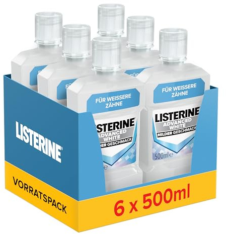 LISTERINE Advanced White Mundspülung milder Geschmack, 6 x 500 ml | Mundwasser zur Entfernung hartnäckiger Zahnverfärbungen, weißere Zähne in nur 1 Woche, bekämpft wirksam Bakterien im Mundraum