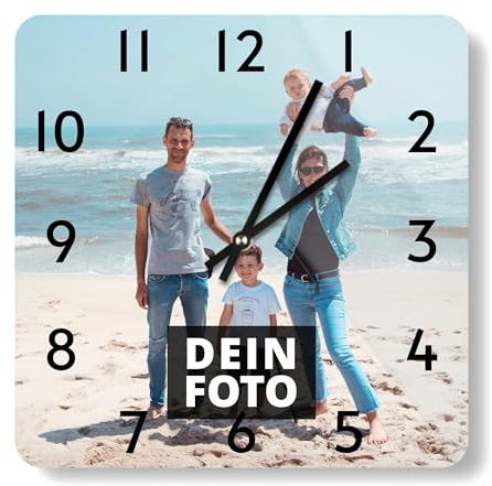 PhotoFancy® - Uhr mit Foto Bedrucken - Fotouhr aus Acrylglas - Wanduhr mit eigenem Motiv selbst gestalten (26 x 26 cm eckig, Design: Klassisch schwarz/Zeiger: weiß)