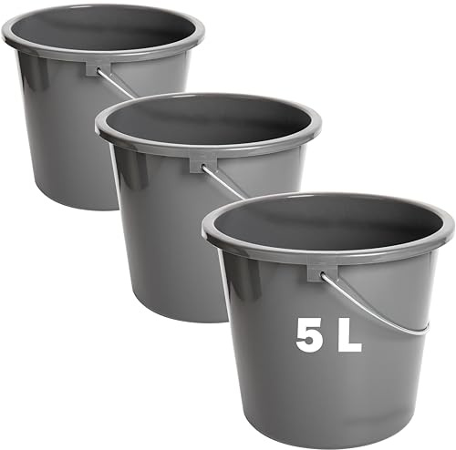 Putzeimer 5l Haushalteimer, Eimer 3er Set, Wischeimer mit Meßskala und Metallgriff, Plastikeimer Putzkübel aus Kunststoff ohne BPA, Wascheimer Grau, Langlebig-Vielseitig & Robust, Made in EU
