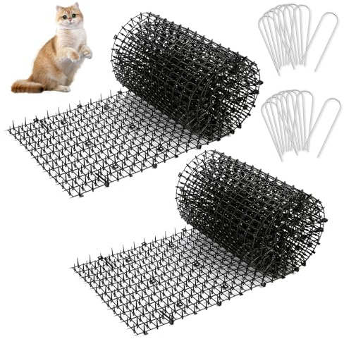 WADEO Katzenabwehr Gitter 2-er Pack 200 x 30 cm, Dornengitter Gegen Katzen Katzenabwehr Gitter, Anti-Katzen-Matte mit Spikes für Innen- und Außengärten, mit 16 Gartenheftklammern