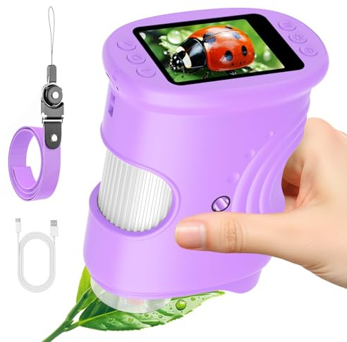 Ashfly Handy Digital Mikroskop für Kinder, 1080P HD 2.0" Bildschirm Taschenmikroskop, Microscope LED Lights -Anschluss an PC, Mini-Mikroskop draussen Geschenke für 4-12 Jährige Lila