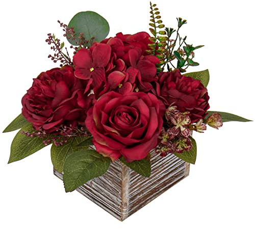Hortensien Kunstblumen in Holzvase, Kunstblumen im Topf, Künstliche Topfblumen, Rosen, Pfingstrosen, Hortensien, Tafelaufsätze für Tischdekoration, Wohnzimmer, Innenbereich, Zuhause, Badezimmer