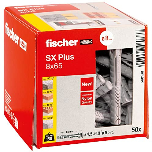 fischer Spreizdübel SX 8 Plus x 65, Schachtel mit 50 Nylondübeln, Dübel für optimalen Halt bei Befestigungen in Beton, Vollziegel, Porenbeton, Hochlochziegel uvm.