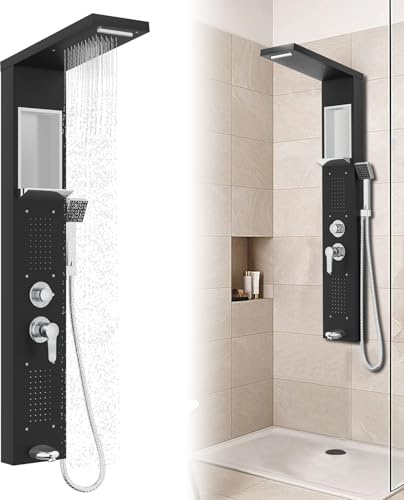 Froadp Duschpaneel Regendusche Edelstahl Duschsystem 5-Funktion Wandmontage Duschset mit Handbrause, Regendusche, Massagedusche, Wasserfalldusche, Duscharmatur Komplettset (Schwarz)