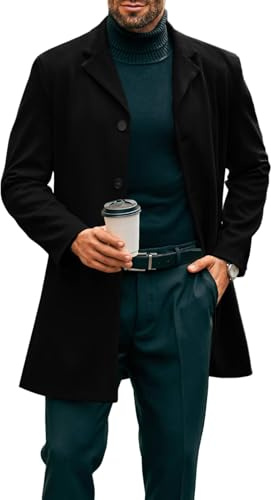 Runcati Herren Mantel Lange Trenchcoat Slim Fit Winter Kerbkragen Jacke Einreiher Business Overcoat