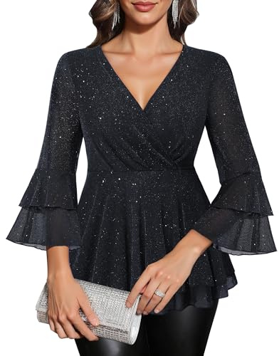 Vafoly Tunika Schwarz Damen Elegant: Blusenshirt Frauen 3/4 Arm Glockenärmel Bluse für Damen Herbst Oufit Oberteile V-Ausschnitt Pailletten Glitter Party Mode 2025 Schwarz XXL