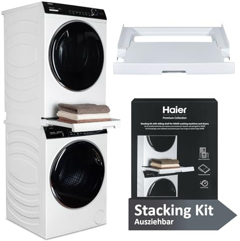 Haier Zwischenbaurahmen für Trockner & Waschmaschine, ausziehbar I Universaler Verbindungsrahmen für Haier Waschmaschine Serie 3, 5, 7 & Trockner Serie 5, 7 I Kippsicherer Zwischenbausatz weiß