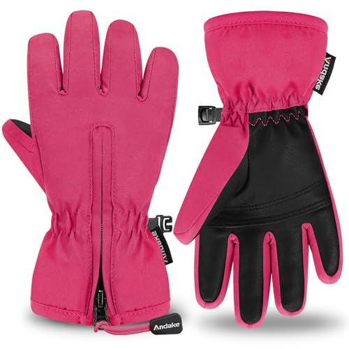 Andake Kinder-Skihandschuhe, Winter-Skihandschuhe, Winddicht, wasserdicht, warm, Outdoor-Sporthandschuhe ，Für Jungen und Mädchen(Barbie Pink-2-4Y:XXXS)