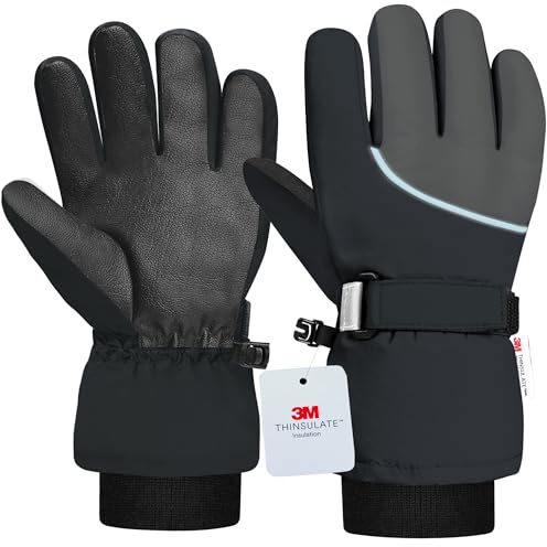 Origem Kids Waterproof Winter Ski Thermal Gloves - 3M Thinsulate Insulated Boys Girls Snow Gloves with 5-Finger Touch Screen Reflective Anti-Slip for 4-37 Years Children Snowboarding Skiing Hiking