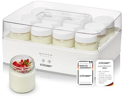 Cloer 9921 Joghurtbereiter für 12 Gläser à 150 ml, Joghurtmaschine für selbstgemachten Joghurt, Timer 8-14 h, LED-Anzeige, Signalton, Kunststoffgehäuse mit transparentem Deckel, Weiß, 17 W