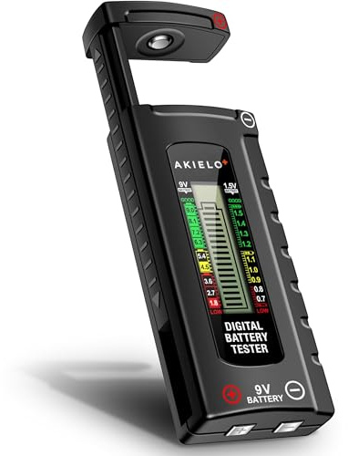 AKIELO+ Digitaler Batterietester mit LCD Anzeige – Universal Batterie Tester & präzises Batterieprüfgerät für Haushalt – Für AAA, AA, C, D, 9V & 1,5V Knopfzellen