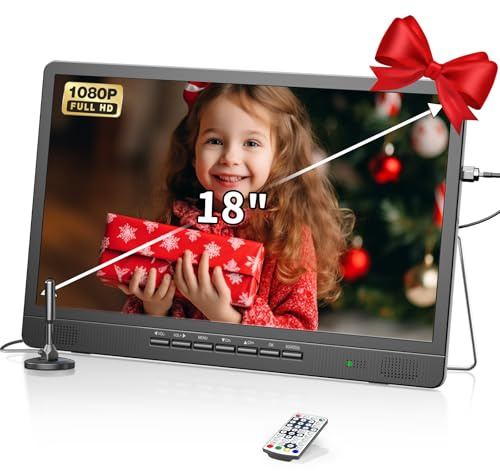 DESOBRY 18-Zoll Kleiner Fernseher mit Antenne, Tragbarer Fernseher mit Freeview DVB/T2 Tuner, HD 1080P Mini TV LCD Monitor, Eingebauter 180° Verstellbarer Ständer, Unterstützt USB/HDMI/AV Eingänge