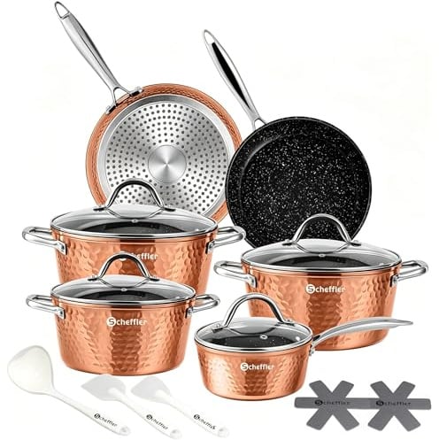 Topfset, Scheffler Topfset Induktion 15-teilig, Töpfe und Pfannen | Geprägtes/strukturiertes Muster Töpfe mit Glasdeckel, Induktionsgeeignet, Edelstahl Griff-Copper