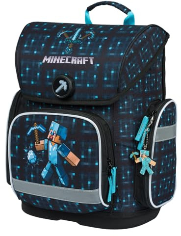 Baagl Schulranzen Jungen Mädchen für 1. Klasse, Ergo Schultasche Grundschule, Leichter Kinder Ranzen Tornister Schulrucksack mit Brustgurt (Minecraft Blue Axe)