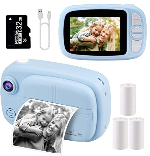 GlobalCrown Sofortbildkamera Kinder,Digitalkamera kinderkamera fotoapparat Kamera Geschenke für 3-12 Jahre Jungen Mädchen (einschließlich 4 Rollen Druckpapier und 32GB Karte)
