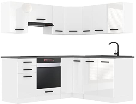 Belini Küchenzeile L-Form Sarah, mit Arbeitsplatten, Weiß Hochglanz | Küchenblock Küche Küchenmöbel mit Griffe, Einbauküche ohne Elektrogeräten mit Hängeschränke und Unterschränke