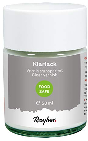 Rayher 35031000 Klarlack food-safe, Dose 50 ml, seidenmatt, transparent, für saugende Untergründe, lebensmittelecht, Speichel- und Schweißecht gemäß DIN 53 160-1/2, Schutzlack, Holzlack