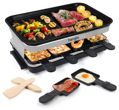 Raclette 8 Personen, Raclette Grill für 4-6 Personen mit 8 Pfännchen | Große Grillplatte (39,8 × 27,8 cm) mit erhöhtem Rand und stufenloser Temperaturregelung für Käse, Fleisch und Gemüse