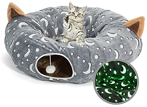 LUCKITTY Katzentunnelbett unter dem Weihnachtsbaum mit Plüschball, Spielzeug, Spielplatz, knisternd, faltbar, selbstleuchtend, Flanellstoff, 91 cm, für große Katzen, Kätzchen, Kätzchen, kleine Tiere