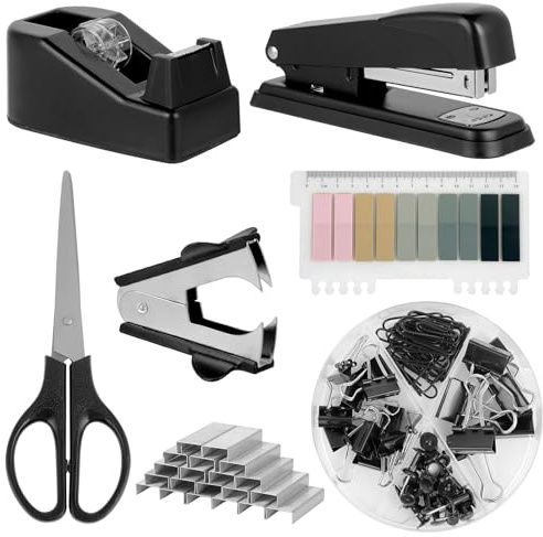 Bürobedarf, Schreibtischzubehör, Hefter und Klebebandabroller-Set mit großem Hefter, Klebebandspender, Heftklammerentferner, Heftklammern, Clips, Schere und Tabs, schwarz