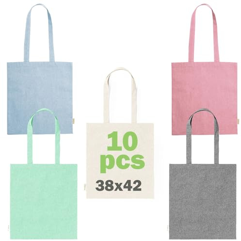 FOR ADVENTUR 10er Set Einkaufstaschen aus recycelter Baumwolle, Stofftaschen 38x42 cm mit langen Henkeln, Wiederverwendbare & Waschbare Tote Bags für Einkauf, Alltag & Events