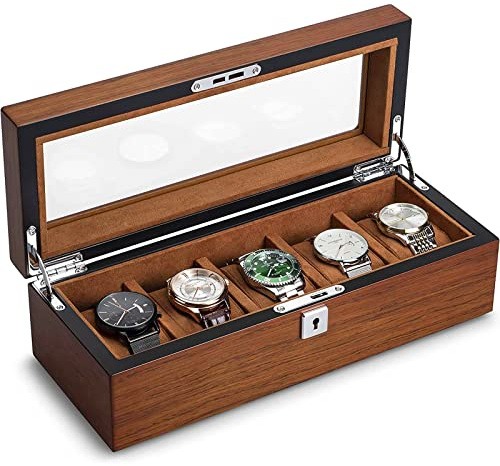 RoYiio Uhrenbox mit 5 Fächern, Uhrenbox 5 uhren Holz, Watch Box aus Massivholz mit Glasabdeckung, Premium Display Aufbewahrungsbox mit 5 Herausnehmbaren Uhrenhalter, Herren Mädchen Geschenk