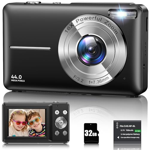Digitalkamera 1080P 44MP Fotokamera 16X Digitalzoom Kamera, Vlogging Fotoapparat Kompaktkamera mit 2,4 LCD Bildschirm, 32G Micro Speicherkarte, 1 Akku für Kinder Teenager Studenten Anfänger-Schwarz