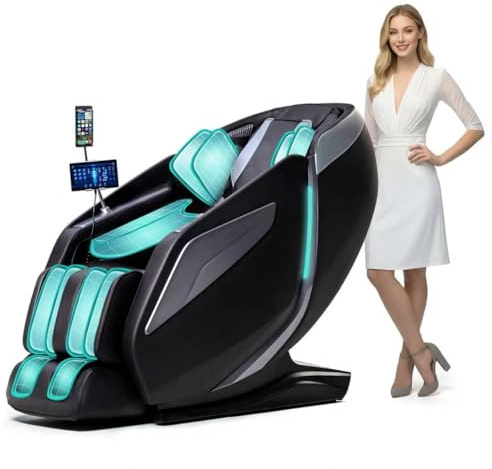 HealthRelife Ganzkörpermassagesessel mit Bodyscan 4D-Robotische Hände Intelligente Shiatsu Massagesitzauflage mit Sprachfunktion Rückenheizung(Schwarz)