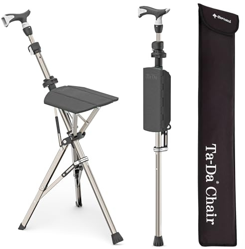 TA-Da Chair PRO - Gehstock mit Sitz, ultraleichter Aluminiumrahmen & robuster Klapphocker (bis zu 120 kg), zusammenklappbares Design, ideal für Reisen & Sightseeing, höhenverstellbar (schwarz)