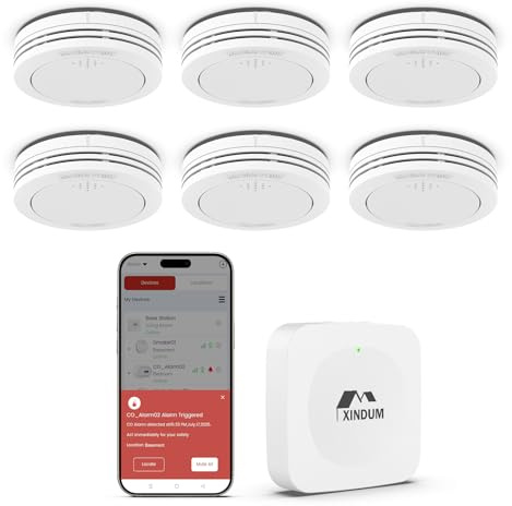 XINDUM 10 Jahre Rauchmelder mit Basisstation, Smart Feueralarm TÜV-Rheinland zertifiziert nach EN 14604, Vernetzter Feuermelder mit austauschbarer Batterie, kein LED-Blinken, kompatibel mit APP, 6 Set