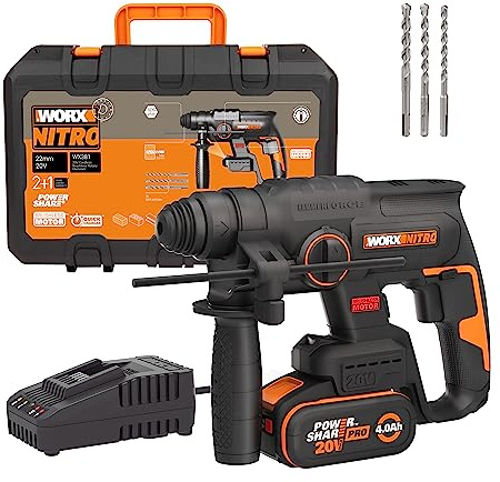 WORX NITRO WX381 Akku Bohrhammer 20V- bürstenloser Motor - multifunktionales Werkzeug zum Bohren, Hammerbohren & Meißeln - 2 Joule Schlagenergie - inkl. 20V 4Ah Pro Akku & Schnellladegerät