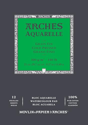 ARCHES A1795091 Aquarelle 100% fein 300 g geleimter A4 Block 12 Blatt naturweiß