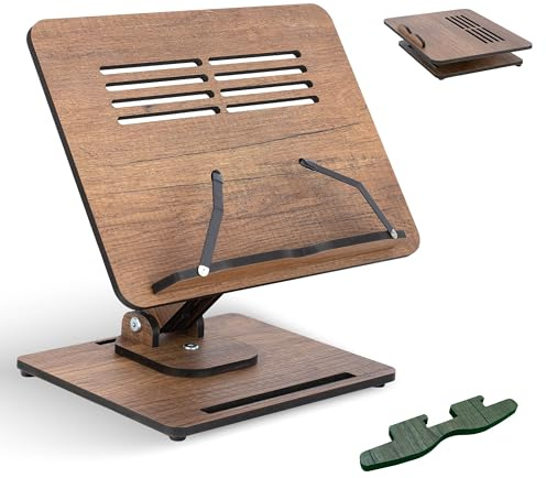 Vigo Wood 360° Drehbarer Buchständer aus Holz, Neigungs- und Höhenverstellbarer Laptop- und Rezeptbuchhalter, Klappbares Lesepult (Walnuss)