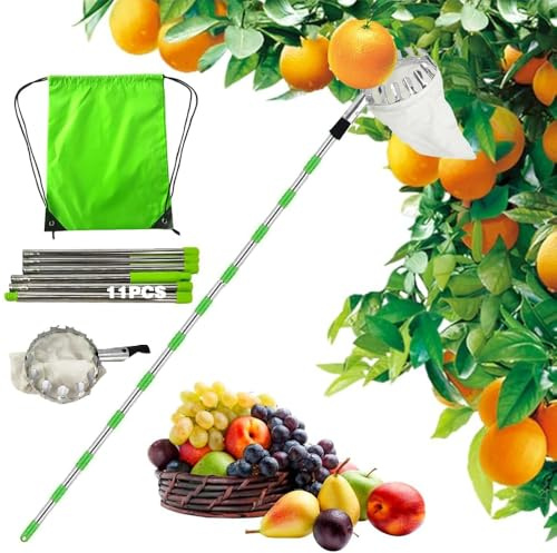 TUIBEIDAMAI Obstpflücker mit Teleskopstiel 4.25M,Apfelpflücker Diameter 16 cm,Kirschenpflücker mit Baumwollbeutel,Edelstahl Obstsammler für Kirschen,Pflaumenpflücker,Fruit Picker,Obstgreifer