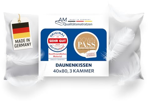 DormiGood Daunenkissen 40x80 - Made in Germany 3 Kammer Kopfkissen 40x80cm - Außenkammer aus 100% Daune - Federkissen 40 x 80 Allergiker geeignet - Kopfkissen 40x80 Federn und Daunen Füllung