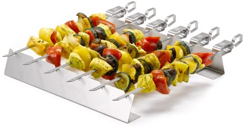 Räucherphorie® Grillspieß-Set – 6× Edelstahl-Grillspieße + Grillgestell + Transporttasche – robuste Schaschlikspieße für Fleisch, Gemüse und vegane Alternativen