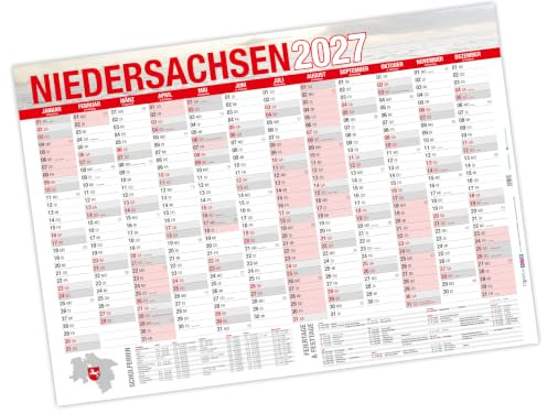 itenga Jahresplaner Niedersachsen 2027 – Wandkalender DIN A0 (118,9 x 84,1 cm) – 250 g/m² Papier – Feiertage & Schulferien – Jahresübersicht ideal für Büro, Schule & Zuhause