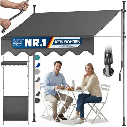KESSER® Klemmmarkise mit Handkurbel Balkon | Balkonmarkise ohne Bohren | Markise UV-beständig höhenverstellbar & wasserabweisend | Sonnenschutz für Balkon Terrasse & Garten, Terrassenüberdachung 350cm