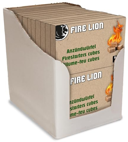 FIRE LION | Öko Anzündwürfel 24 Platten | Je 32 Würfel aus Holz und Wachs | Made in Germany und pflanzlich | Für Kamin, Grill und Ofen