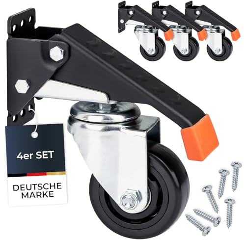 HMF 6750 Schwerlastrollen absenkbar für Werkbank | 4 Stück | 76 mm | bis 400 kg | Polyurethan, Schwarz
