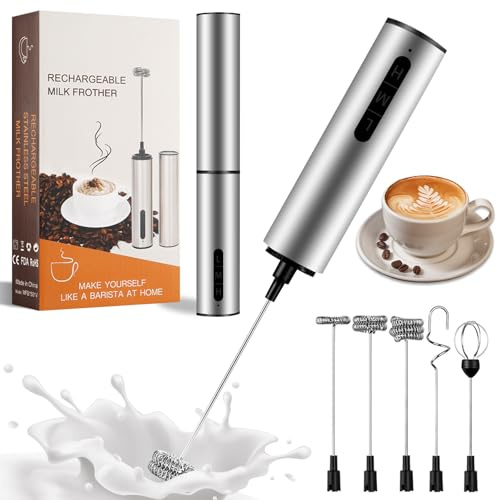 Milchaufschäumer Elektrisch USB-C Aufladbar aus Edelstahl mit 3 Geschwindigkeiten und 5 Aufsätzen, Tragbarer Hand-Milchschäumer für Kaffee Latte Cappuccino Matcha Sahne Eier