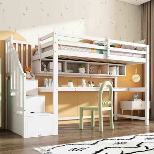 Merax Hochbett 90 x 200 cm, mit großem Schreibtisch und Aufbewahrungstreppen, mit Regalen, für Kinder, Weiß (ohne Matratze)