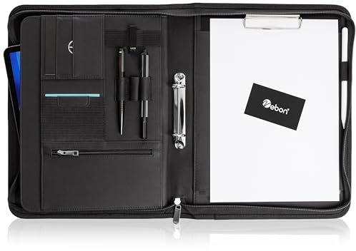 Vebon® Schreibmappe Ringbuch A4Paris I Reißverschluss + Klemmbrett I Dokumentenmappe + Laptoptasche I extra Stauraum I Kunstleder I Schwarz