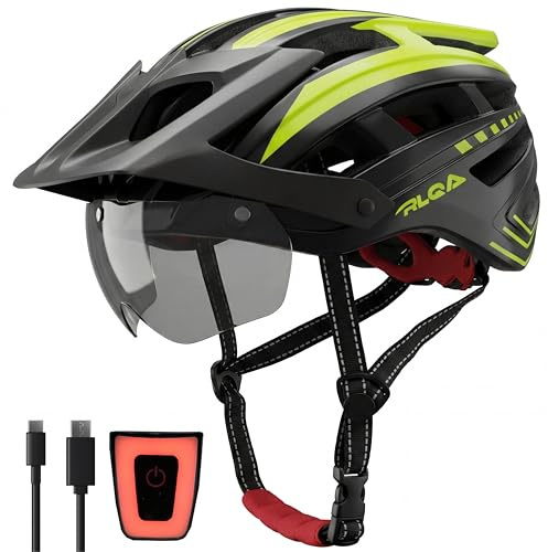 RLQA Fahrradhelm Herren Damen, MTB/Rennrad Helm mit Abnehmbarer Magnetischer Visier & Brille, Radhelm mit 24 Luftungsschlitzea, LED Rucklicht, Reithelm Verstellbare GroBe (M:54-58cm, Schwarz&Gelb)