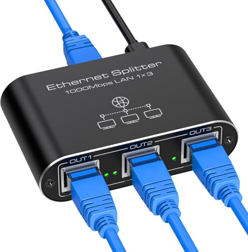 VEDINDUST LAN Switch 1 Auf 3 1000Mbps Netzwerk Splitter Aluminium Gigabit Ethernet Verteiler Mit USB-C-Netzkabel für Computer, Router, Set-Top Box